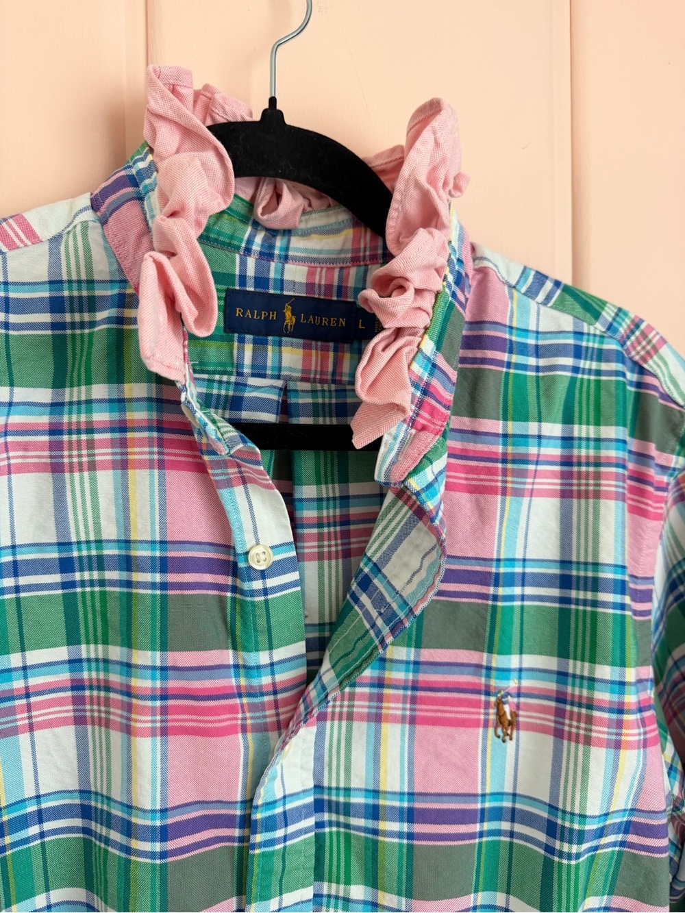 Ralph Lauren upcycled Pink Green Blue Plaid Ruffle-Collar Button-Front Top - Picture 2 of 5